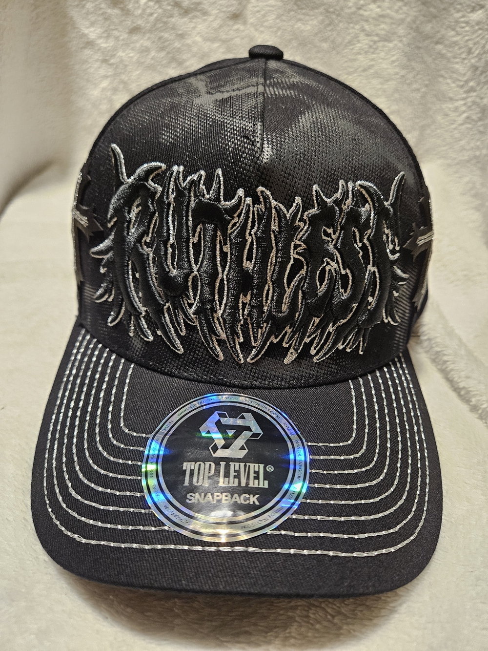 Black Embroidered Snapback Hat